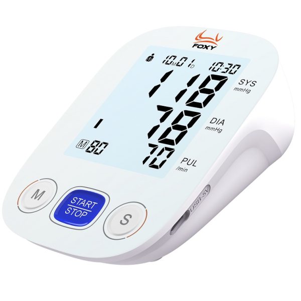 فشارسنج بازویی دیجیتال برند فوکسی مدل U80، با قابلیت تشخیص آریتمی، ذخیره نتایج 2 کاربر، خاموشی خودکار، کاربرد حرفه‌ای، دارای نمایشگر بک‌لایت دار، به همراه 4 عدد باتری، کابل USB-C، کیف ضد ضربه