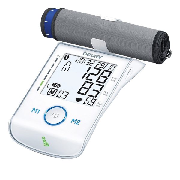 فشارسنج بازویی دیجیتال برند بیورر مدل BM 85، با قابلیت نمایش میانگین نتایج، انتقال داده‌ها با بلوتوث، تشخیص آریتمی، هشدار خطای محاسباتی، حافظه ذخیره نتایج برای 2 کاربر، کاربرد خانگی، دارای نمایشگر LCD، به همراه کیف نگهداری، باتری