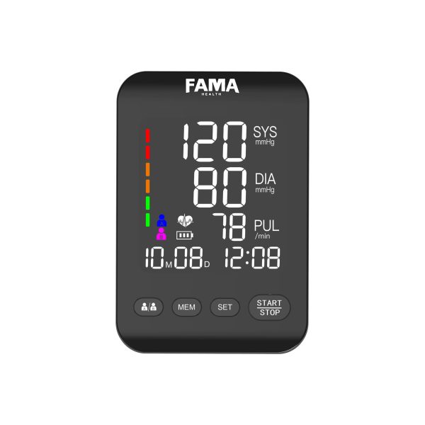 فشارسنج بازویی دیجیتال برند فاما هلث مدل U81، با قابلیت محاسبه میانگین ضربان قلب، تشخیص آریتمی، ذخیره نتایج در حافظه، خاموشی خودکار، کاربرد خانگی، نیمه حرفه‌ای، دارای نمایشگر LCD با بک‌لایت مولتی کالر