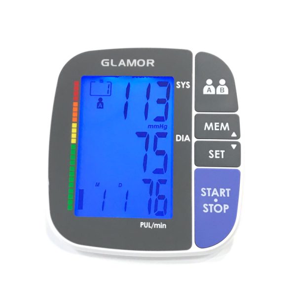 فشارسنج بازویی دیجیتال برند گلامور مدل TMB-1112NEW، با قابلیت نمایش میانگین نتایج، تشخیص آریتمی، ذخیره نتایج 2 کاربر در حافظه، هشدار خطای محاسباتی، کاربرد خانگی، حرفه‌ای، دارای نمایشگر LCD، به همراه دو عدد بازوبند (فنری و ساده)، کیف ضد ضربه و آداپتور